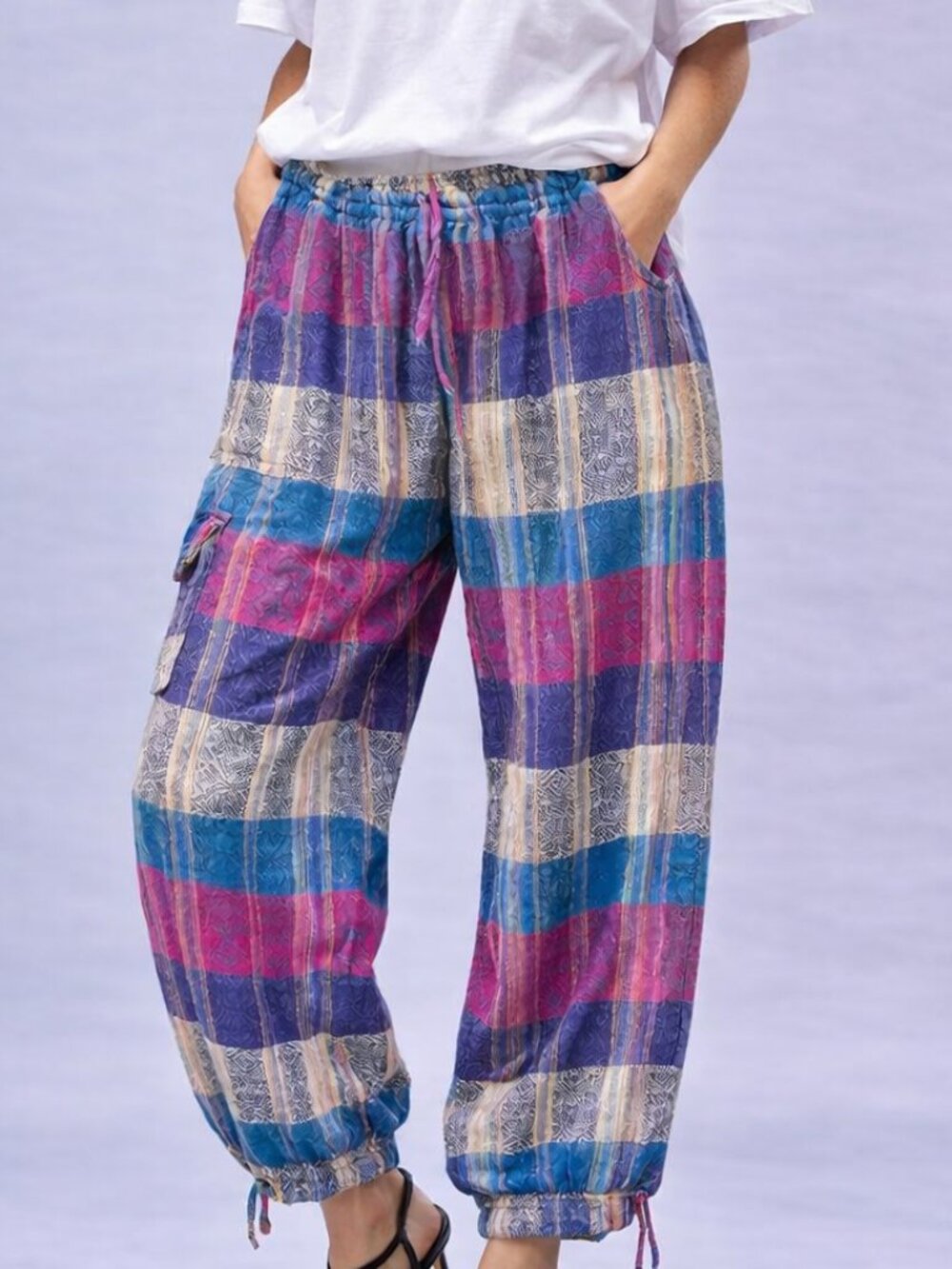 Boho patchwork jogger pants, elasticized waist, great festival wear